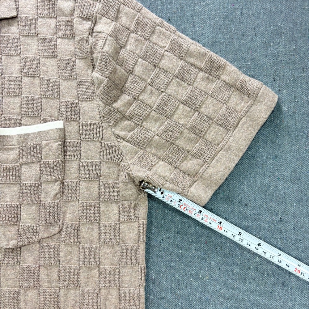 Art of Rhetoric Mens Large Tan Checkerboard Knit Short Sleeve Button Up Shirt - Picture 7 of 8